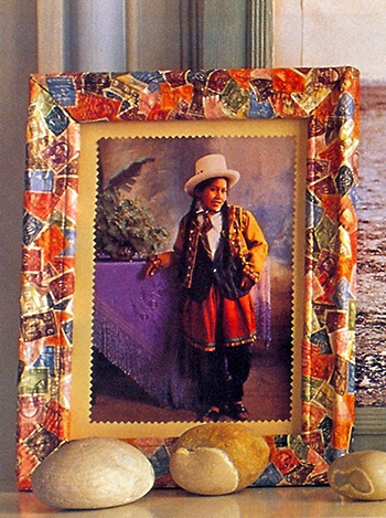 Frame covered with stamps